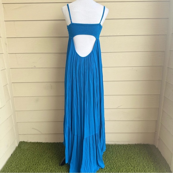 Free People XS Blue Maxi Dress Boho Tie Front Open Back Smocked Bodice - Picture 4 of 10